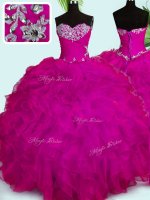 Fuchsia Sleeveless Floor Length Beading and Ruffles Lace Up 15th Birthday Dress