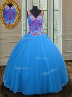 Straps Blue Ball Gowns Beading and Sequins Quinceanera Dress Zipper Tulle Sleeveless Floor Length