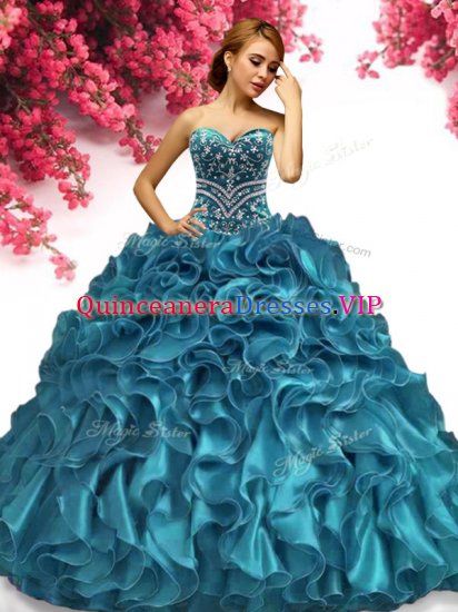 Charming Beading and Ruffles Ball Gown Prom Dress Teal Lace Up Sleeveless Floor Length - Click Image to Close