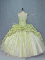 Beautiful Yellow Green Organza and Tulle Lace Up Sweet 16 Dress Sleeveless Brush Train Beading and Appliques