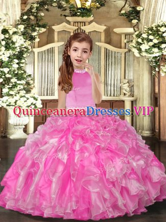 Exquisite Rose Pink Organza Backless High-neck Sleeveless Floor Length Little Girl Pageant Gowns Beading and Ruffles
