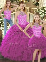 Glittering Fuchsia Sleeveless Floor Length Beading and Ruffles Lace Up Ball Gown Prom Dress