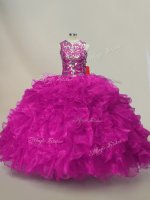 Dazzling Fuchsia Sleeveless Organza Lace Up Quinceanera Dresses for Sweet 16 and Quinceanera