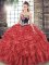 On Sale Red Lace Up 15 Quinceanera Dress Embroidery and Ruffles Sleeveless Sweep Train