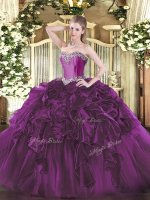 Dramatic Purple Organza Lace Up Quince Ball Gowns Sleeveless Floor Length Beading and Ruffles