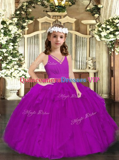 Wonderful Purple Little Girls Pageant Dress Party and Wedding Party with Ruffles V-neck Sleeveless Zipper - Click Image to Close