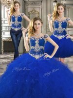 Exceptional Three Piece Off the Shoulder Sleeveless Floor Length Beading and Ruffles Lace Up 15 Quinceanera Dress with Royal Blue