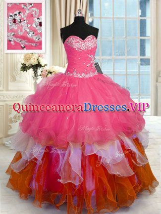 Multi-color Sleeveless Beading and Ruffles Floor Length Quince Ball Gowns