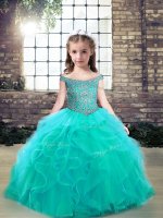 Floor Length Ball Gowns Sleeveless Aqua Blue Pageant Gowns For Girls Lace Up