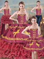 Embroidery and Ruffles Quinceanera Dress Burgundy Lace Up Sleeveless Brush Train