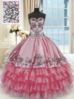 Ruffled Sweetheart Sleeveless Lace Up Sweet 16 Dress Rose Pink Organza and Taffeta