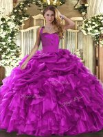 Floor Length Lace Up 15th Birthday Dress Fuchsia for Military Ball and Sweet 16 and Quinceanera with Ruffles and Pick Ups(SKU SJQDDT1642002-3BIZ)