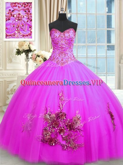 Fuchsia Ball Gowns Tulle Sweetheart Sleeveless Beading and Appliques and Embroidery Floor Length Lace Up Ball Gown Prom Dress - Click Image to Close