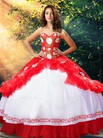Fine White And Red Sweetheart Lace Up Embroidery and Ruffles Sweet 16 Dresses Sleeveless