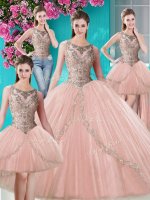 Admirable Four Piece Scoop Sleeveless Tulle Floor Length Lace Up Sweet 16 Quinceanera Dress in Peach with Beading and Appliques