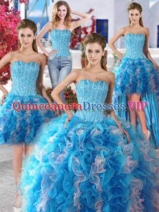 Dazzling Four Piece Sleeveless Organza Floor Length Lace Up Sweet 16 Dress in White and Baby Blue with Beading