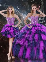 Floor Length Lace Up Sweet 16 Dress Multi-color for Military Ball and Sweet 16 and Quinceanera with Beading and Ruffles and Ruffled Layers
