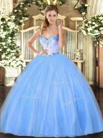 Clearance Baby Blue Tulle Lace Up Sweetheart Sleeveless Floor Length Quinceanera Dress Beading