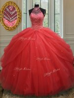 Halter Top Pick Ups Floor Length Ball Gowns Sleeveless Red Sweet 16 Quinceanera Dress Lace Up(SKU PSSW077BIZ)