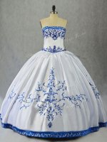 Gorgeous Blue And White Ball Gowns Embroidery Quinceanera Gown Lace Up Satin Sleeveless Floor Length(SKU PSSW0980BIZ)