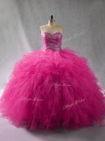 Fashionable Fuchsia Lace Up Halter Top Beading and Ruffles Quince Ball Gowns Tulle Sleeveless