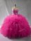 Fashionable Fuchsia Lace Up Halter Top Beading and Ruffles Quince Ball Gowns Tulle Sleeveless