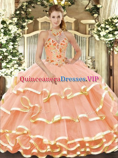 Captivating Peach Ball Gowns Beading and Embroidery Quinceanera Gowns Lace Up Organza Sleeveless Floor Length - Click Image to Close
