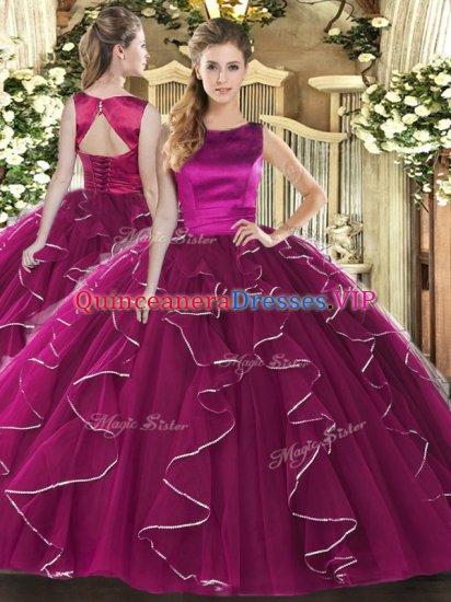 Comfortable Ball Gowns Quinceanera Gowns Fuchsia Scoop Tulle Sleeveless Floor Length Lace Up - Click Image to Close