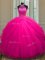 Ideal Halter Top Hot Pink Tulle Lace Up 15 Quinceanera Dress Sleeveless Floor Length Beading and Sequins