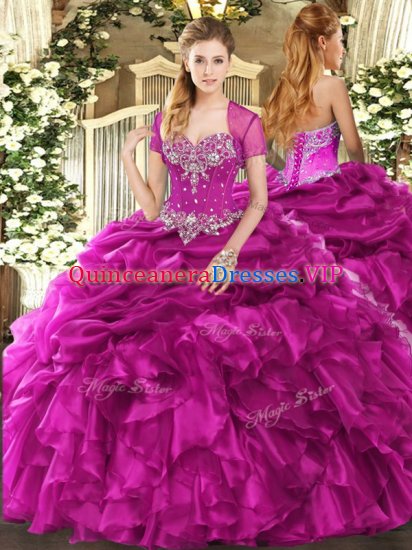 Exquisite Organza Sweetheart Sleeveless Lace Up Beading and Ruffles and Pick Ups Quinceanera Dress in Fuchsia - Click Image to Close
