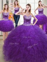 Shining Four Piece Eggplant Purple Ball Gowns Sweetheart Sleeveless Tulle Floor Length Lace Up Beading and Ruffles Sweet 16 Dress