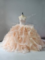 Sleeveless Organza Brush Train Lace Up Ball Gown Prom Dress in Champagne and Pink And White with Beading and Ruffles(SKU PSSW0865BIZ)