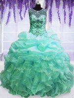Fine Scoop Sleeveless Organza Floor Length Lace Up 15 Quinceanera Dress in Turquoise with Beading and Pick Ups