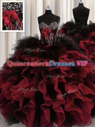 High Class Red And Black Organza and Tulle Lace Up Sweetheart Sleeveless Floor Length Sweet 16 Quinceanera Dress Beading and Ruffles