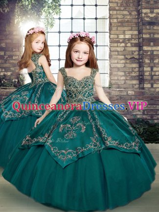 Sleeveless Tulle Floor Length Lace Up Little Girl Pageant Dress in Teal with Beading and Embroidery
