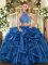 Suitable Halter Top Sleeveless Criss Cross Quinceanera Dress Blue Organza