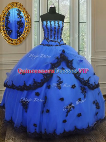 Ideal Blue Strapless Neckline Appliques 15 Quinceanera Dress Sleeveless Lace Up - Click Image to Close