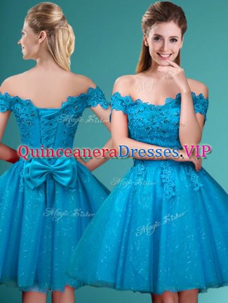Knee Length Aqua Blue Quinceanera Dama Dress Off The Shoulder Cap Sleeves Lace Up