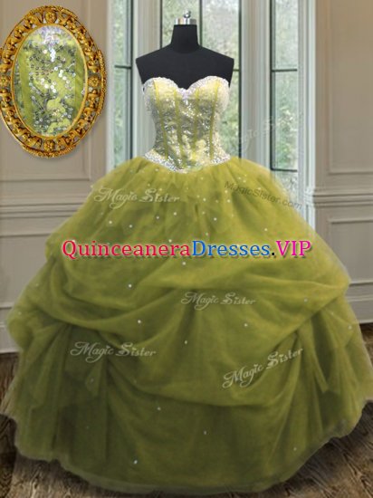 Sequins Pick Ups Ball Gowns Quinceanera Dresses Olive Green Sweetheart Organza Sleeveless Floor Length Lace Up - Click Image to Close