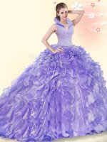 Lavender Organza Backless Sweet 16 Dresses Sleeveless Brush Train Beading and Ruffles