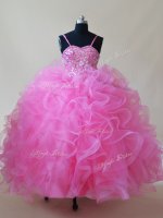 Spaghetti Straps Sleeveless Lace Up Little Girls Pageant Dress Wholesale Rose Pink Tulle