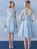 Beautiful Scoop Cap Sleeves Tulle Quinceanera Court Dresses Appliques and Belt Lace Up