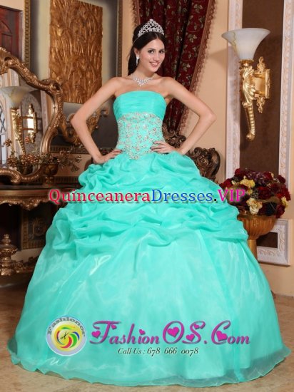 Deuil-la-Barre France Stylish Turquoise Organza Quinceanera Dress With Strapless Appliques And Ruffles Decorate - Click Image to Close