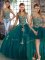 Straps Sleeveless 15 Quinceanera Dress Floor Length Beading and Appliques Peacock Green Tulle