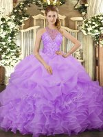 Halter Top Sleeveless Quince Ball Gowns Floor Length Beading and Ruffles and Pick Ups Lavender Organza
