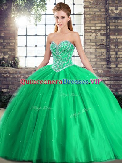 Modern Green Ball Gowns Tulle Sweetheart Sleeveless Beading Lace Up Sweet 16 Quinceanera Dress Brush Train - Click Image to Close