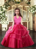 Best Hot Pink Lace Up Pageant Dress for Girls Ruffled Layers Sleeveless Floor Length