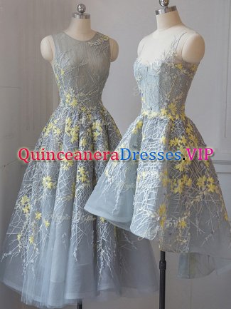 Grey A-line Scoop Sleeveless Tulle Tea Length Criss Cross Lace Quinceanera Court Dresses