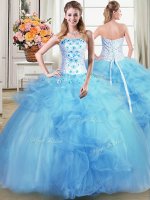 Designer Sleeveless Tulle Floor Length Lace Up Quinceanera Dress in Light Blue with Beading and Appliques and Ruffles