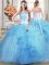 Designer Sleeveless Tulle Floor Length Lace Up Quinceanera Dress in Light Blue with Beading and Appliques and Ruffles